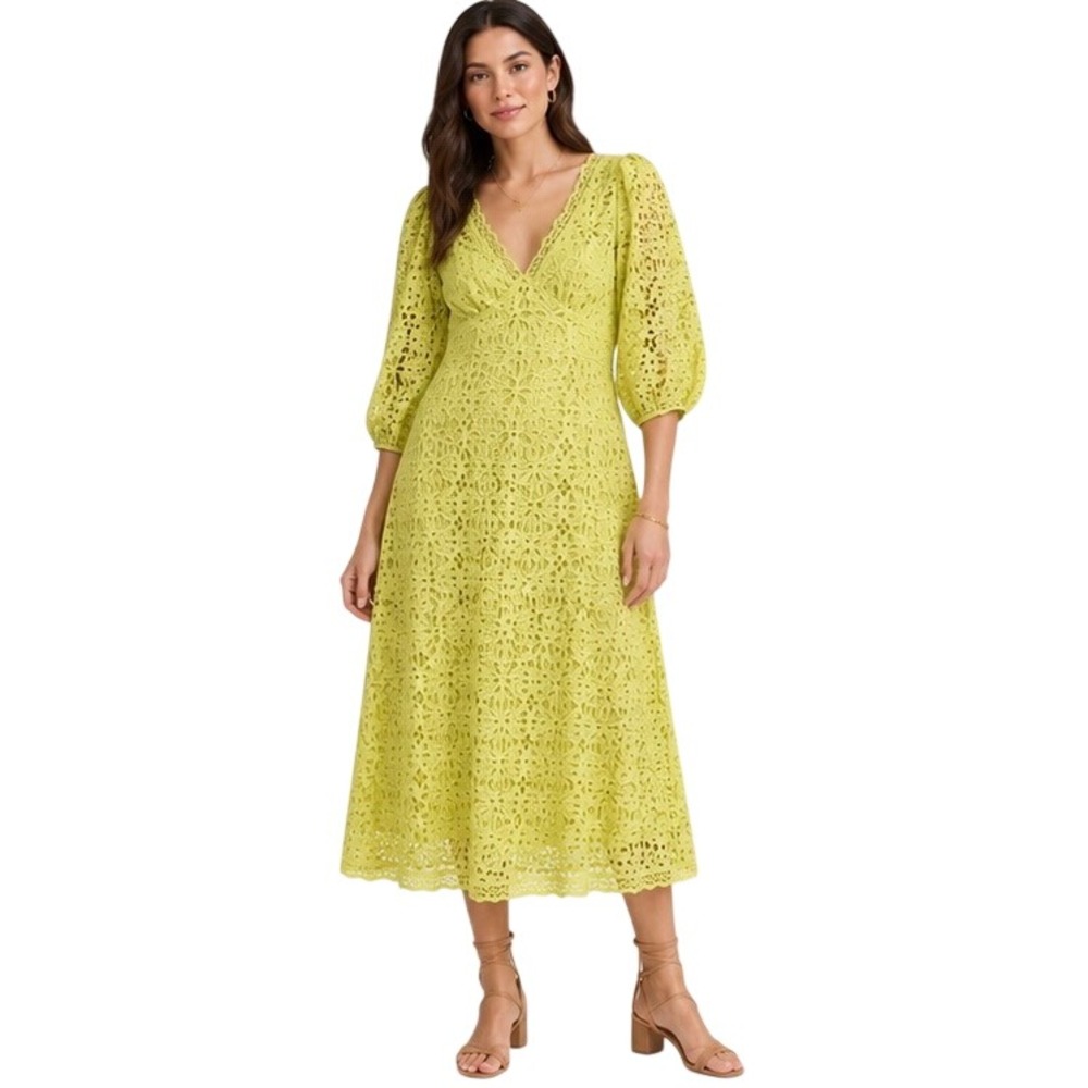 Anthropologie Yellow Lace Midi Dress Puff Sleeve Cottagecore Romantic Size 8